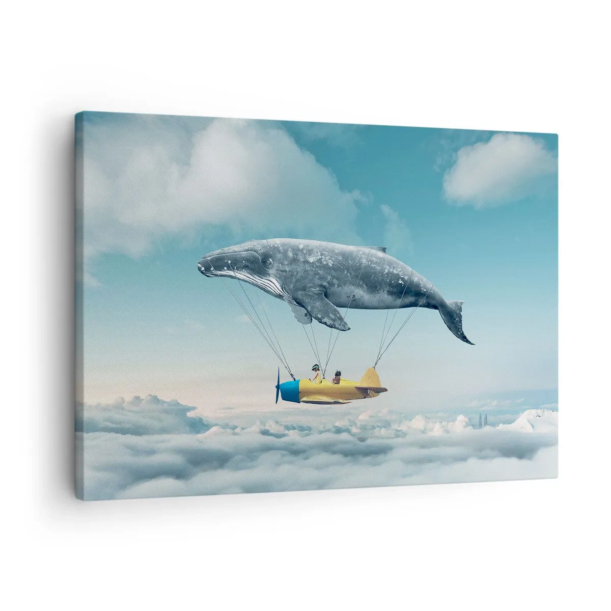 Tablou pe pânză Canvas - O balenă zburătoare poartă un avion într-un decor suprarealist. - 70x50cm - De ce nu? - Decorațiune modernă pentru perete pentru living și dormitor ARTTOR