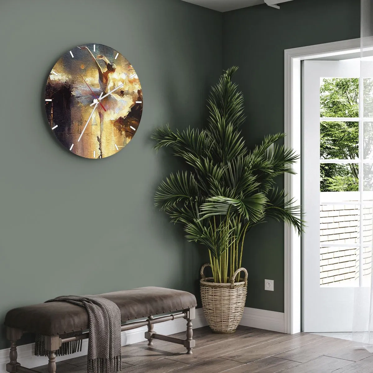 Ceas de perete - Ceas pe sticlă - O dansatoare într-o rochie albă surprinsă într-o mișcare dinamică - 30x30cm - Un miracol în stradă - Decorațiune modernă pentru perete pentru living, bucătărie și dormitor ARTTOR