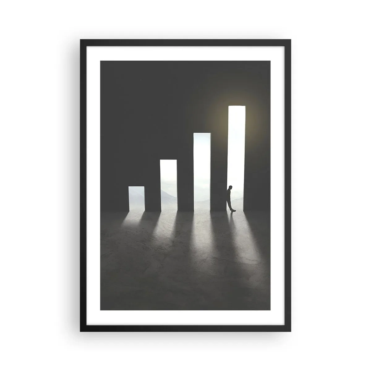 Poster în ramă neagră - ușă simbolică în formă de grafic cu o figură - 50x70cm - Succesul - o impresie - Decorațiune modernă pentru perete pentru living și dormitor ARTTOR