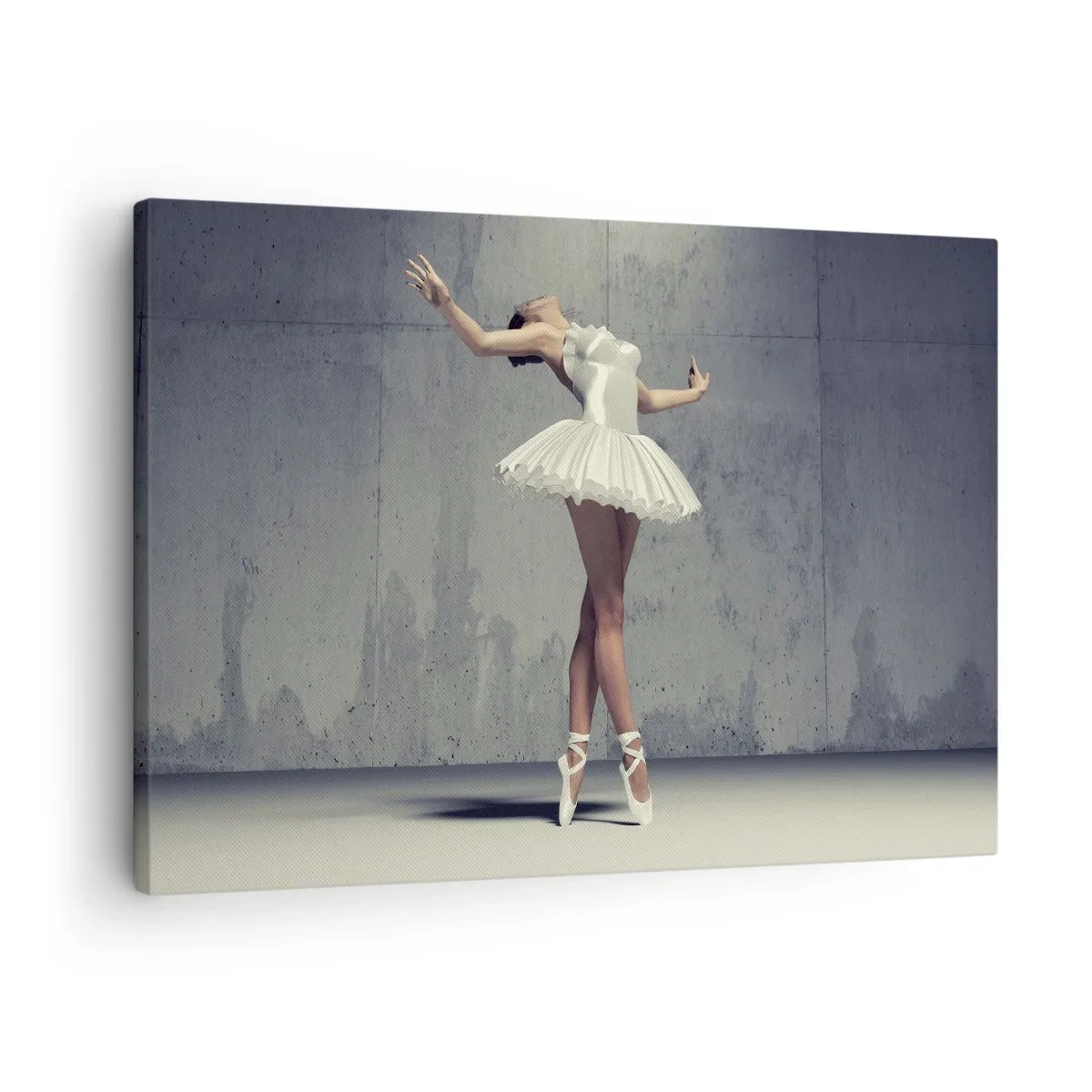 Tablou pe pânză Canvas - O dansatoare de balet într-o rochie albă pe un perete brut. - 70x50cm - Ușoară ca o pasăre - Decorațiune modernă pentru perete pentru living și dormitor ARTTOR