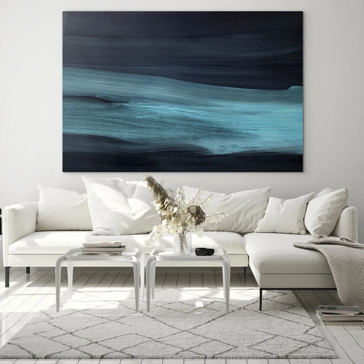 Tablou pe sticlă - Val abstract în nuanțe de turcoaz și albastru marin - 70x50cm - Du-te cu fluxul - Decorațiune modernă pentru perete pentru living și dormitor ARTTOR