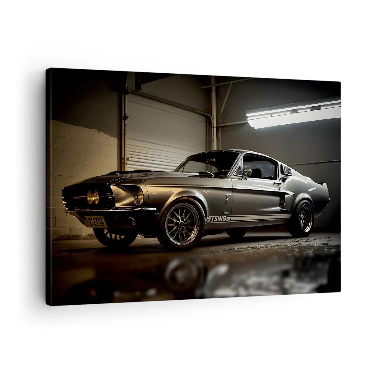 Tablou pe pânză Canvas - Mașină clasică în garaj retro - 70x50cm - Înapoi în trecut - Decorațiune modernă pentru perete pentru living și dormitor ARTTOR