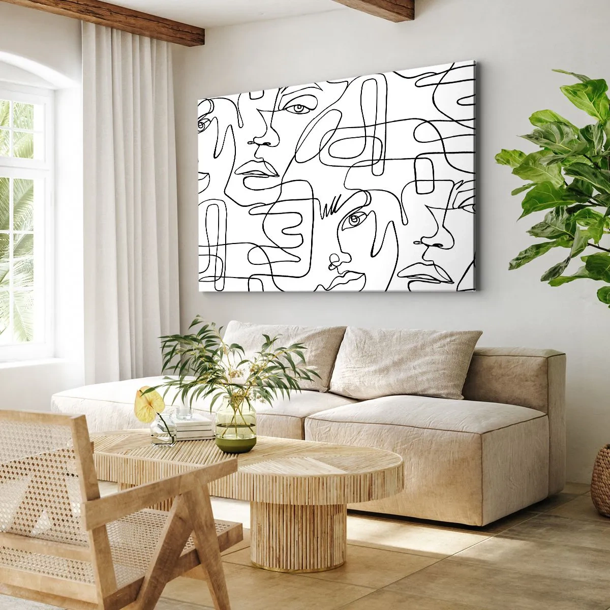 Tablou pe pânză Canvas - Un desen minimalist al unei fețe cu linii pe un fundal deschis la culoare. - 70x50cm - Într-o încurcătură de emoții - Decorațiune modernă pentru perete pentru living și dormitor ARTTOR