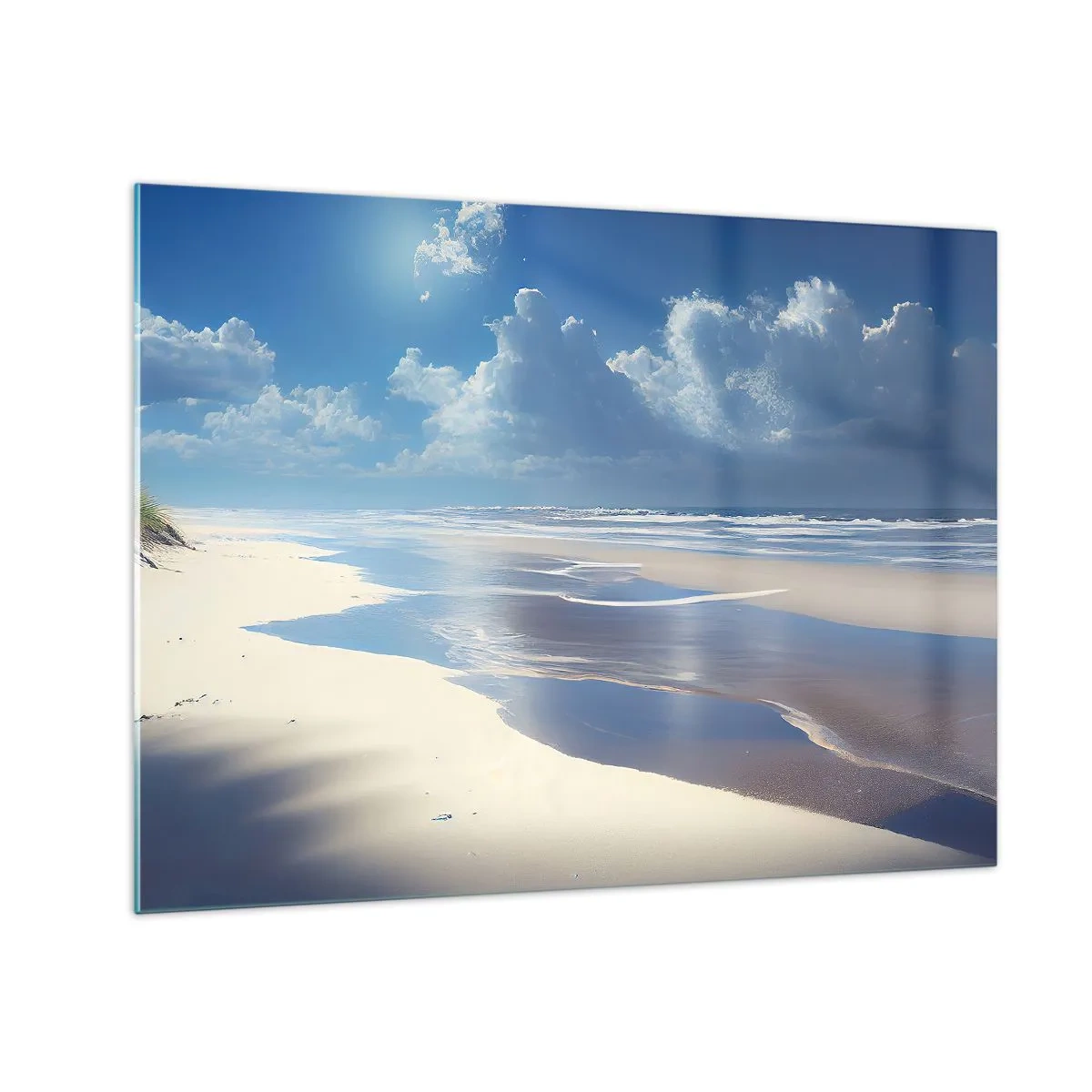 Tablou pe sticlă - O plajă largă, nisipoasă și valuri calme sub un cer albastru - 70x50cm - Vacanță în paradis - Decorațiune modernă pentru perete pentru living și dormitor ARTTOR