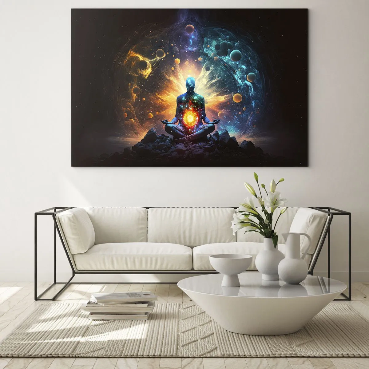 Tablou pe sticlă - O siluetă meditativă într-o explozie cosmică de culori - 70x50cm - Liniște cosmică - Decorațiune modernă pentru perete pentru living și dormitor ARTTOR