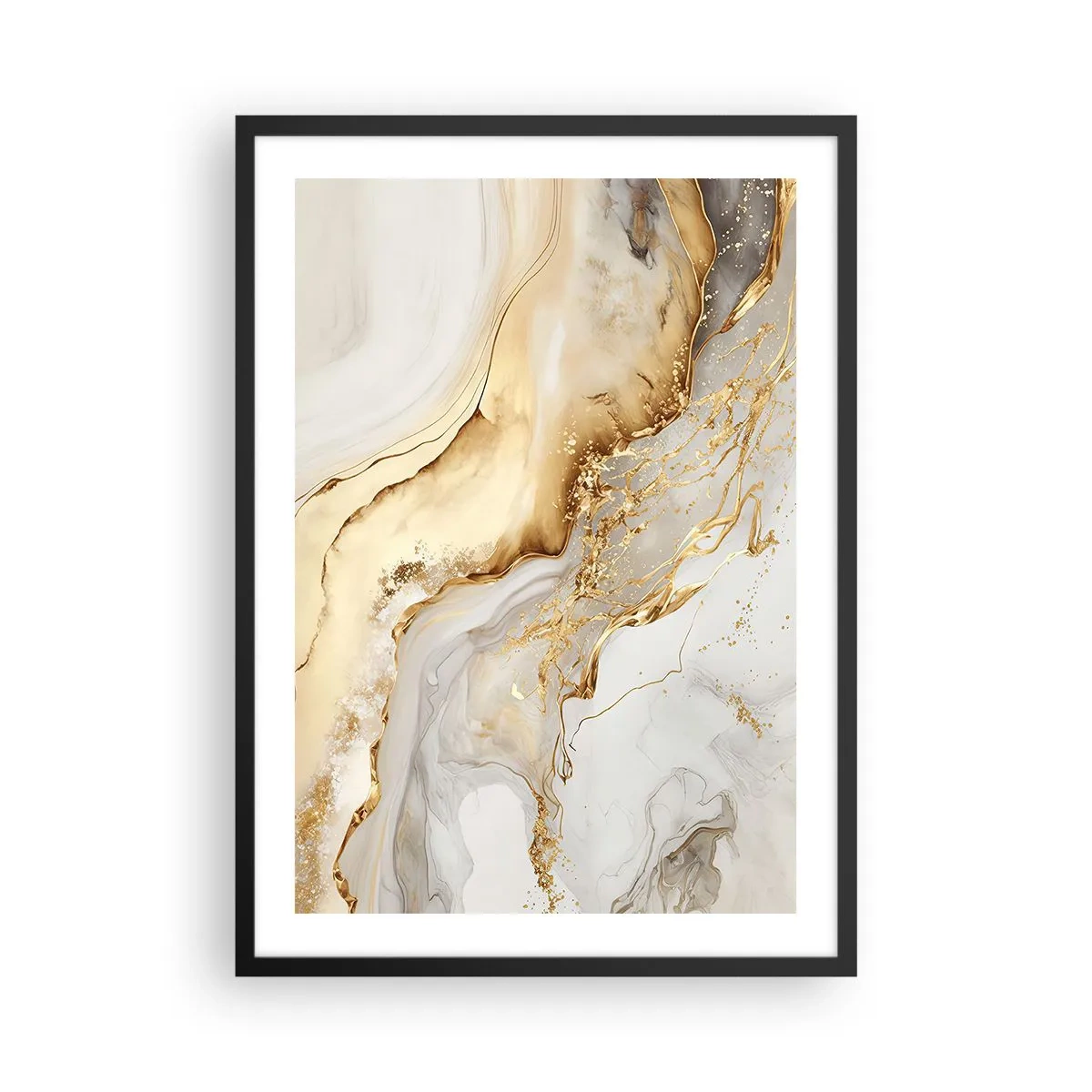 Poster în ramă neagră - Compoziție abstractă din marmură albă și aurie - 50x70cm - Abstracție: frumusețe și bunătate - Decorațiune modernă pentru perete pentru living și dormitor ARTTOR