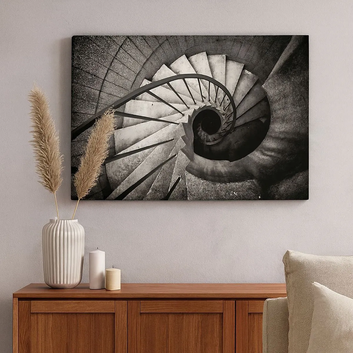 Tablou pe pânză Canvas - Scară în spirală alb-negru în stil modern - 70x50cm - În sus și în jos - Decorațiune modernă pentru perete pentru living și dormitor ARTTOR