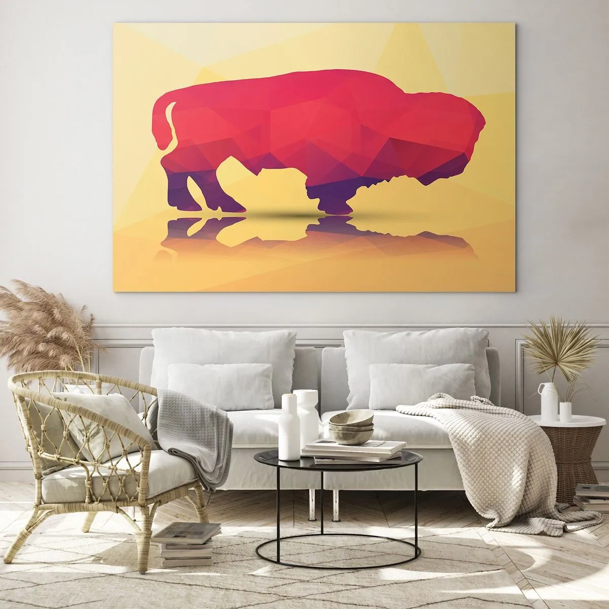 Tablou pe sticlă - Bizon geometric în culori calde - 70x50cm - Puterea amarantului de zimbru - Decorațiune modernă pentru perete pentru living și dormitor ARTTOR