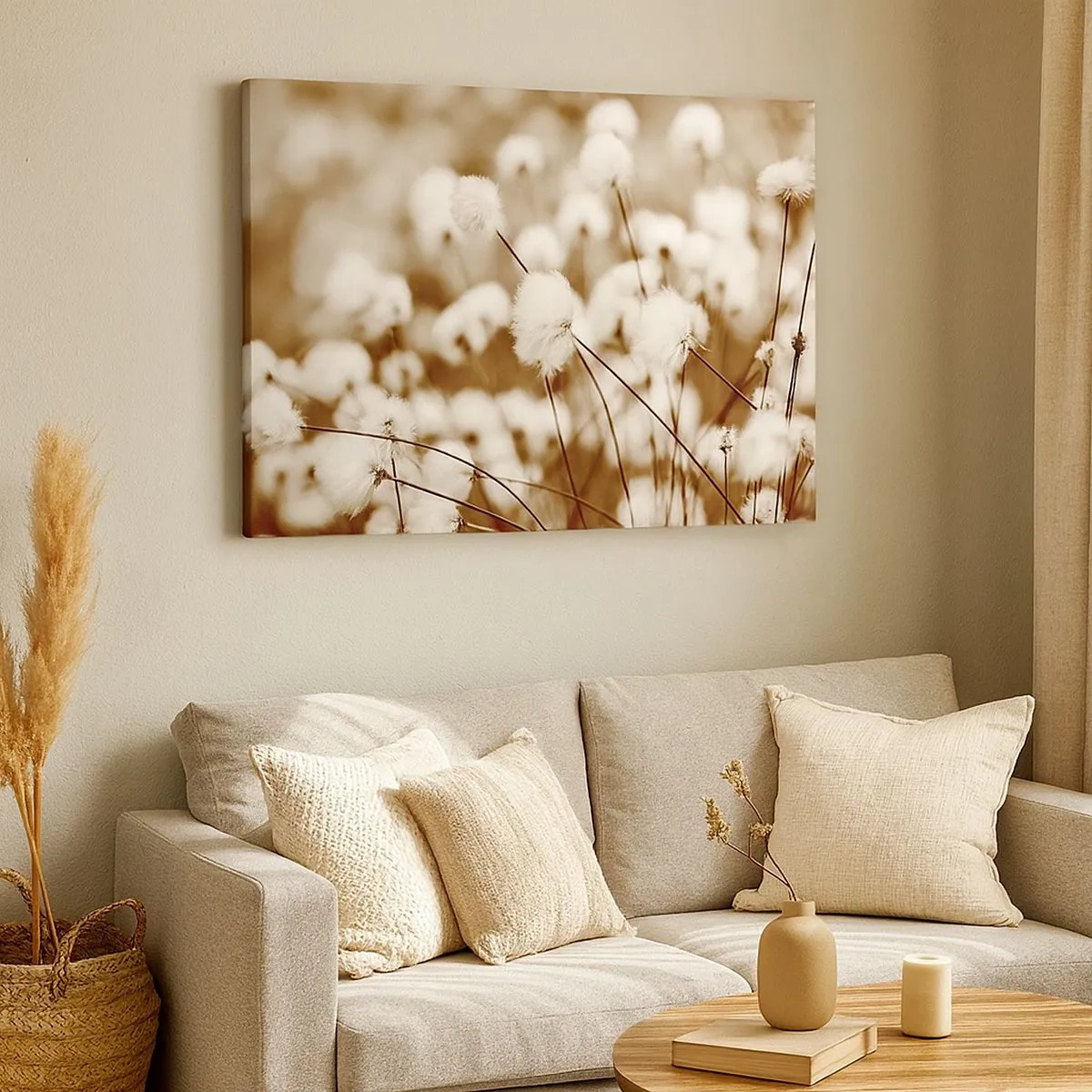 Tablou pe pânză Canvas - Un câmp de plante delicate în nuanțe sepia - 70x50cm - Câmp pufos - Decorațiune modernă pentru perete pentru living și dormitor ARTTOR