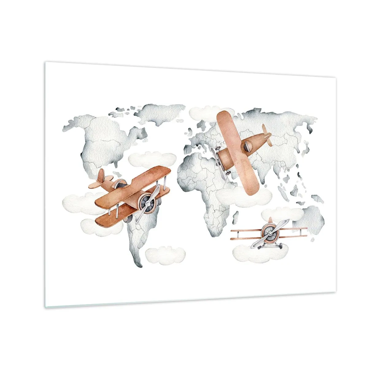 Tablou pe sticlă - Hartă retro a lumii cu avioane pentru copii - 70x50cm - În spirit de pionierat - Decorațiune modernă pentru perete pentru living și dormitor ARTTOR