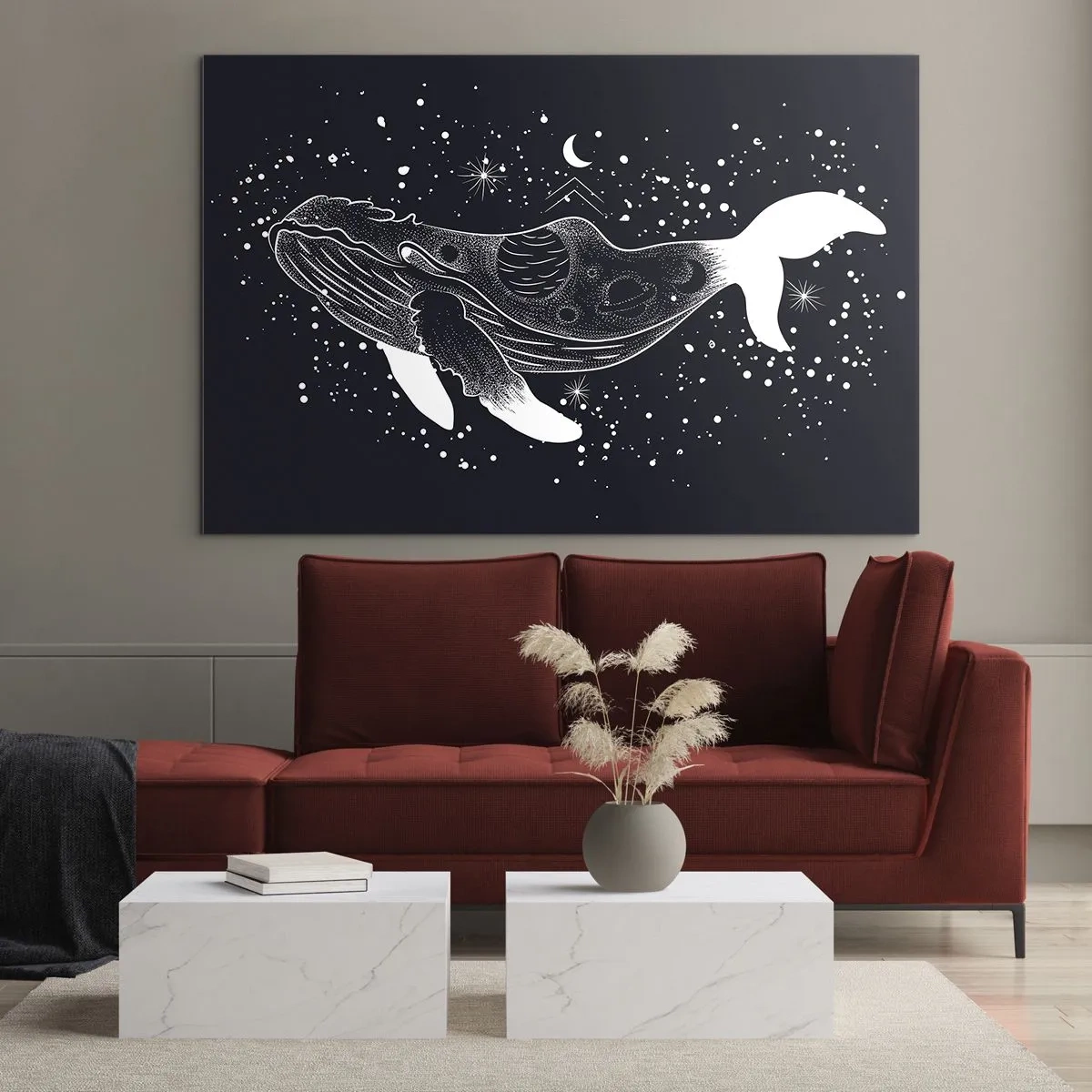 Tablou pe sticlă - Siluetă albă grafică a unei balene plutitoare în spațiu - 70x50cm - În oceanul universului - Decorațiune modernă pentru perete pentru living și dormitor ARTTOR