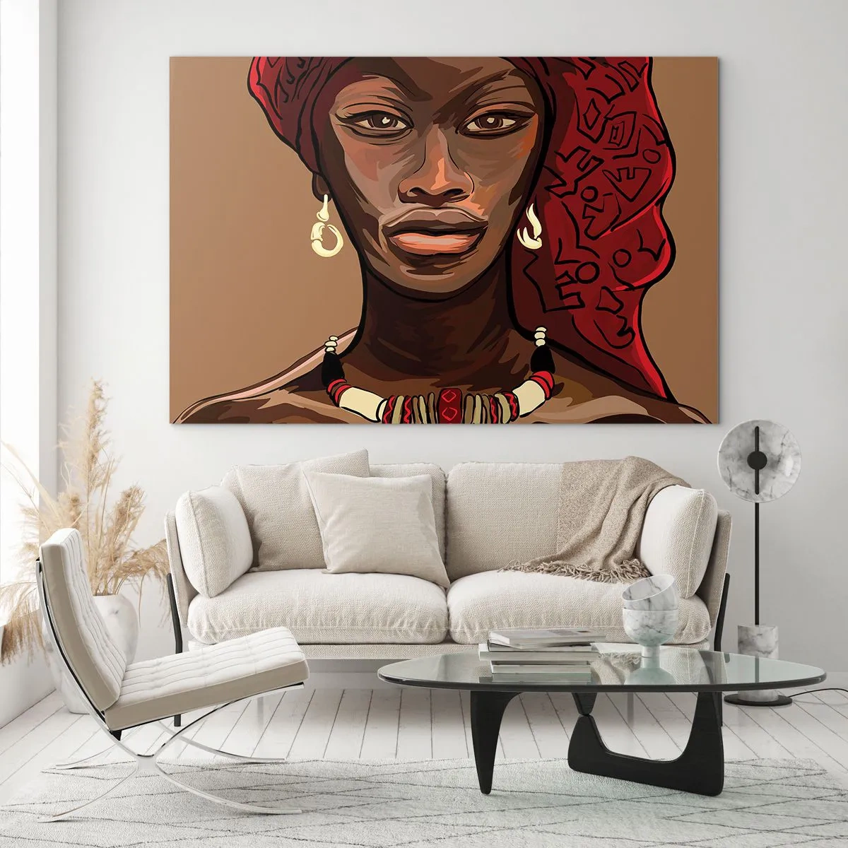 Tablou pe sticlă - Portret stilizat al unei femei într-un turban roșu cu bijuterii. - 70x50cm - Venus din abanos - Decorațiune modernă pentru perete pentru living și dormitor ARTTOR