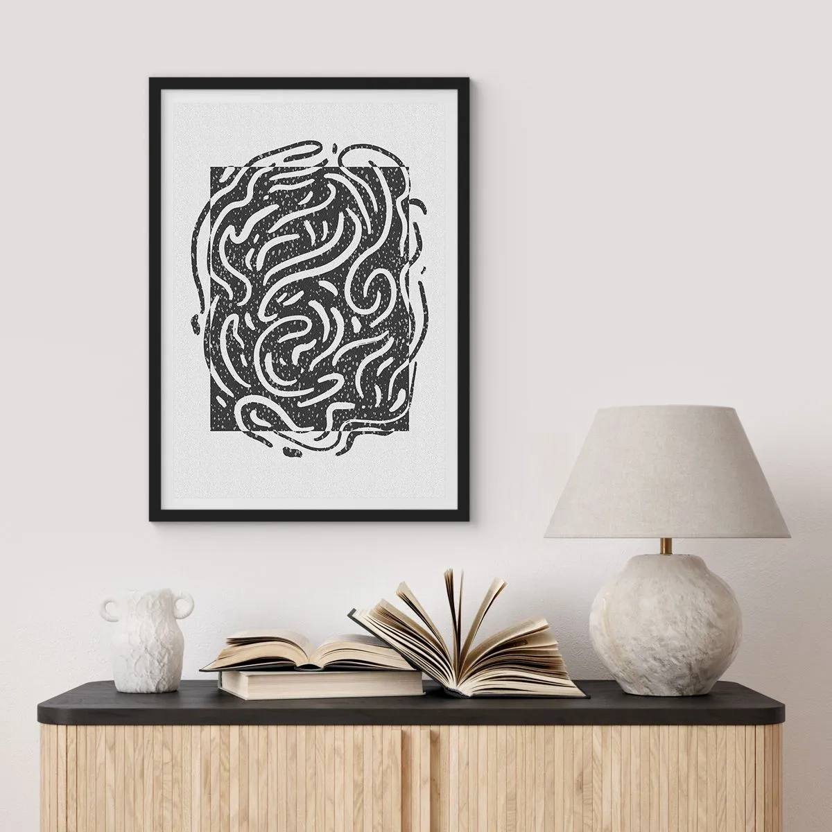 Poster în ramă neagră - Compoziție abstractă cu linii și forme dinamice în alb și negru. - 50x70cm - Abstracție: dansul bucuriei - Decorațiune modernă pentru perete pentru living și dormitor ARTTOR