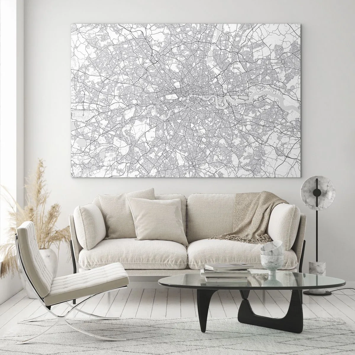 Tablou pe sticlă - O hartă alb-negru cu o grilă stradală densă, într-un stil minimalist. - 70x50cm - Harta labirintului din Londra - Decorațiune modernă pentru perete pentru living și dormitor ARTTOR
