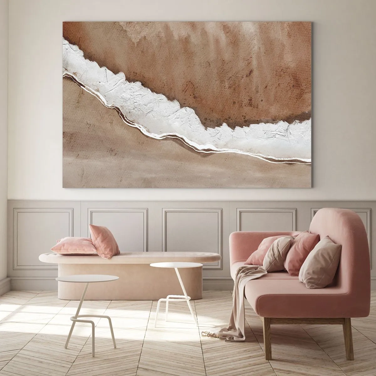 Tablou pe sticlă - Structură artistică în tonuri de pământ și alb - 70x50cm - În culorile pământului - Decorațiune modernă pentru perete pentru living și dormitor ARTTOR