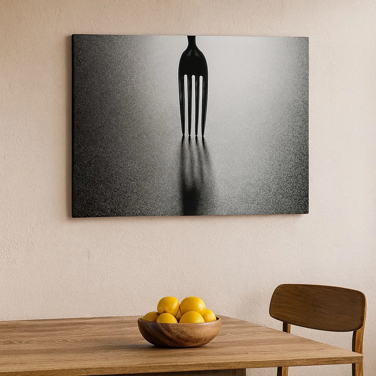 Tablou pe pânză Canvas - O abordare minimalistă a unei furculițe în alb și negru, cu jocuri de umbre. - 70x50cm - Lumină și umbră - Decorațiune modernă pentru perete pentru living și dormitor ARTTOR