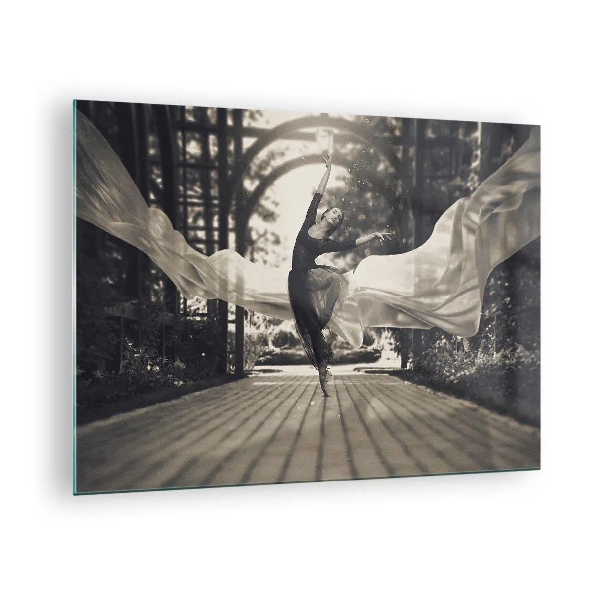 Tablou pe sticlă - O dansatoare în mișcare pe fundalul unei grădini alb-negru. - 70x50cm - Dansul spiritului de grădină - Decorațiune modernă pentru perete pentru living și dormitor ARTTOR