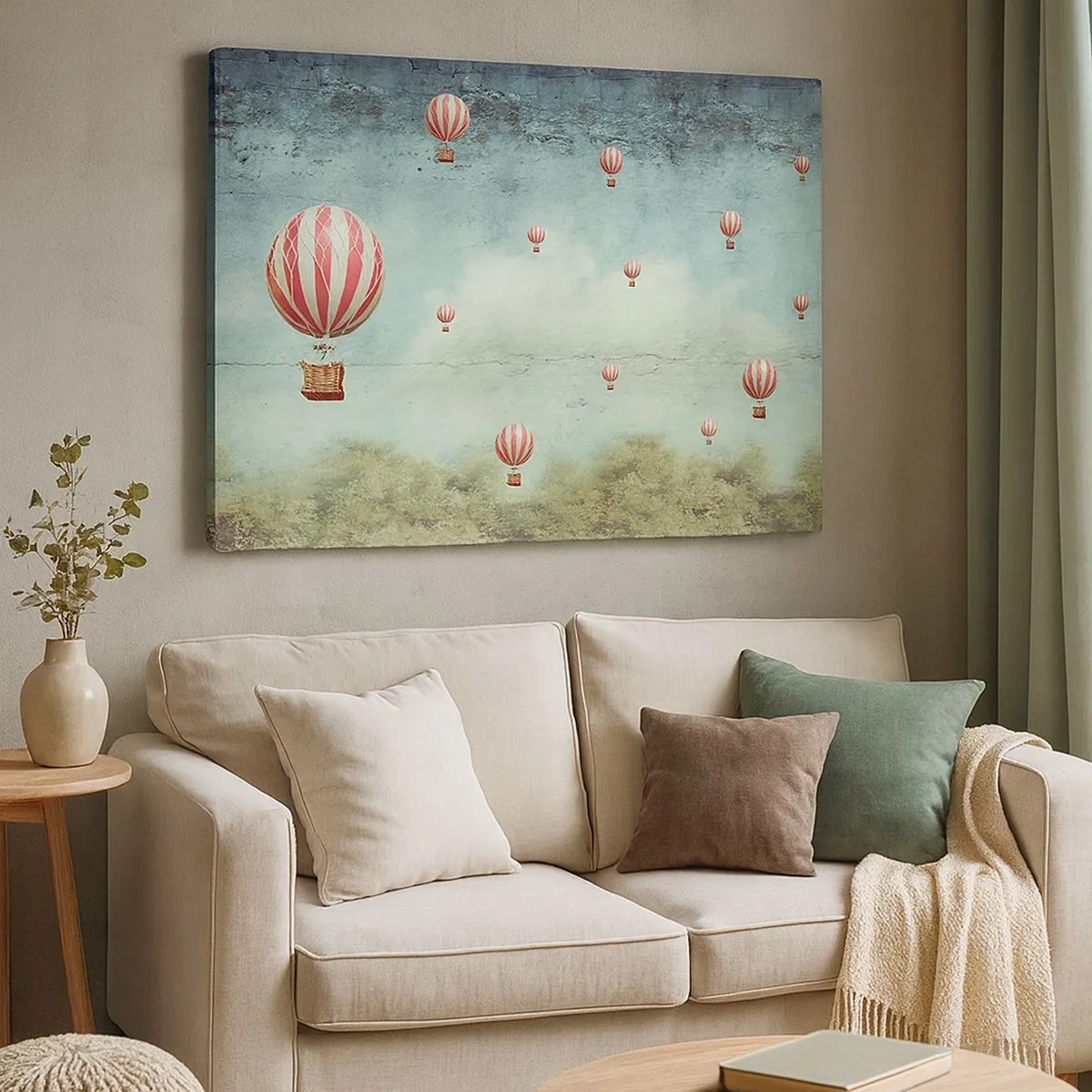 Tablou pe pânză Canvas - Baloane retro pe un fundal de cer albastru și verdeață - 70x50cm - Liber de agitația vieții - Decorațiune modernă pentru perete pentru living și dormitor ARTTOR