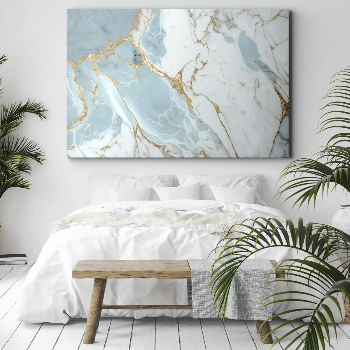 Tablou pe pânză Canvas - Modele de marmură albastră și albă cu vene aurii adăugate - 70x50cm - Bogăția pietrei - Decorațiune modernă pentru perete pentru living și dormitor ARTTOR