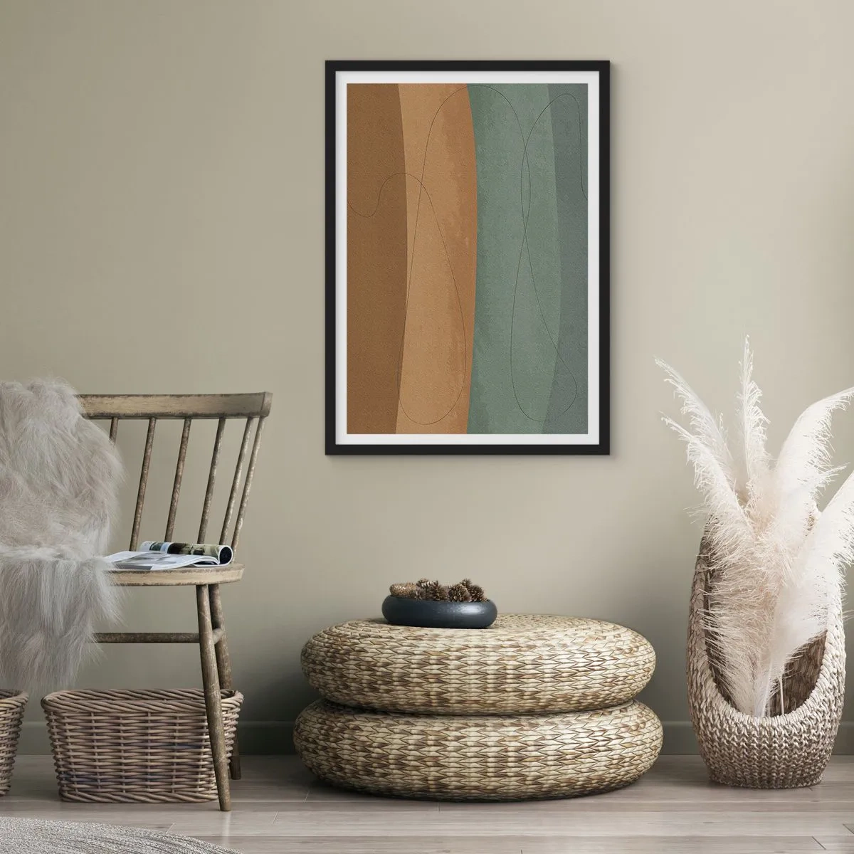 Poster în ramă neagră - Linii organice pe fundaluri pământii și verzi - 50x70cm - Compoziție orizontală - Decorațiune modernă pentru perete pentru living și dormitor ARTTOR