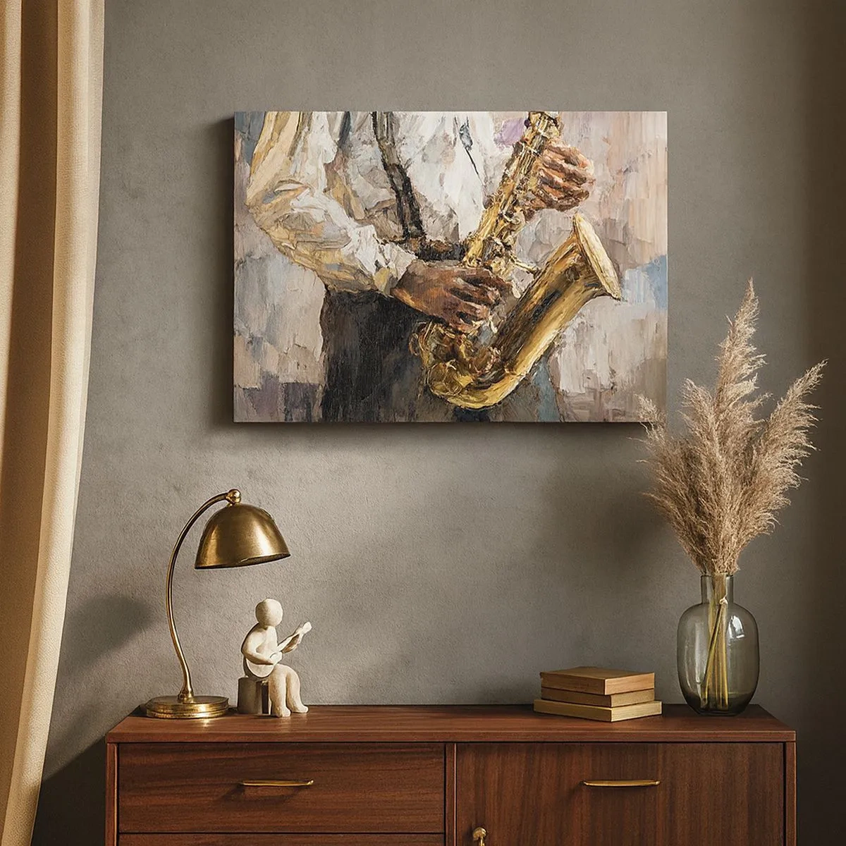 Tablou pe pânză Canvas - Un muzician care cântă la saxofon într-un stil artistic - 70x50cm - E timpul pentru a cânta solo - Decorațiune modernă pentru perete pentru living și dormitor ARTTOR