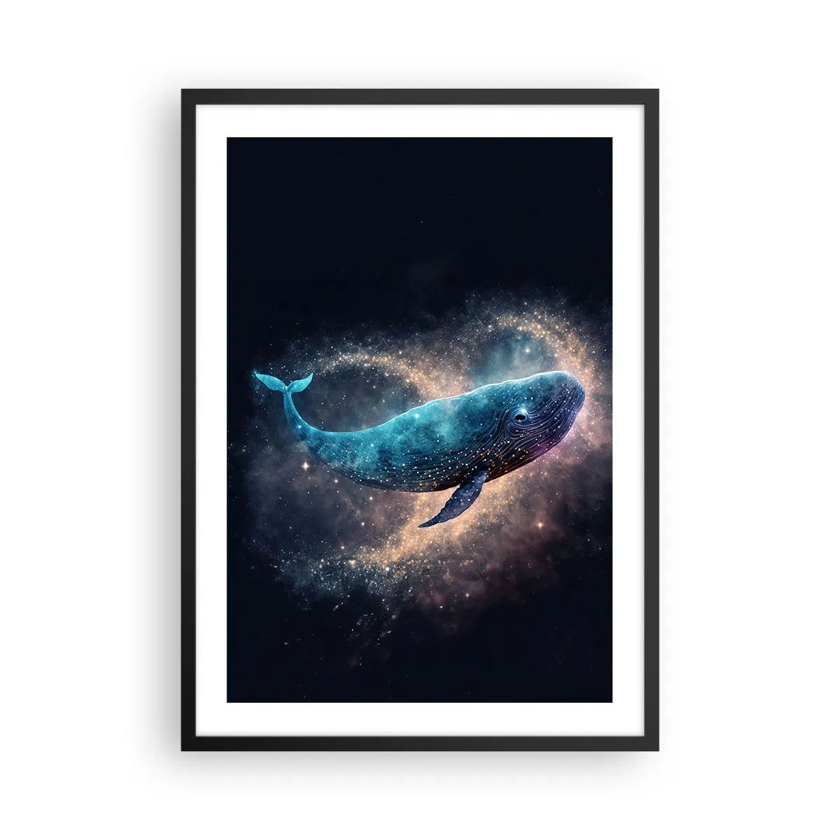 Poster în ramă neagră - O balenă spațială înconjurată de o nebuloasă stelară pe un fundal negru. - 50x70cm - Există o lume... - Decorațiune modernă pentru perete pentru living și dormitor ARTTOR