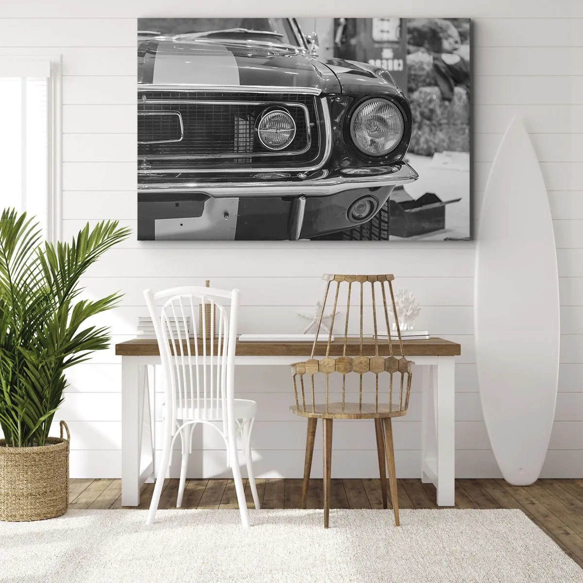 Tablou pe pânză Canvas - Capotă de mașină clasică alb-negru - 70x50cm - Condus dur - Decorațiune modernă pentru perete pentru living și dormitor ARTTOR