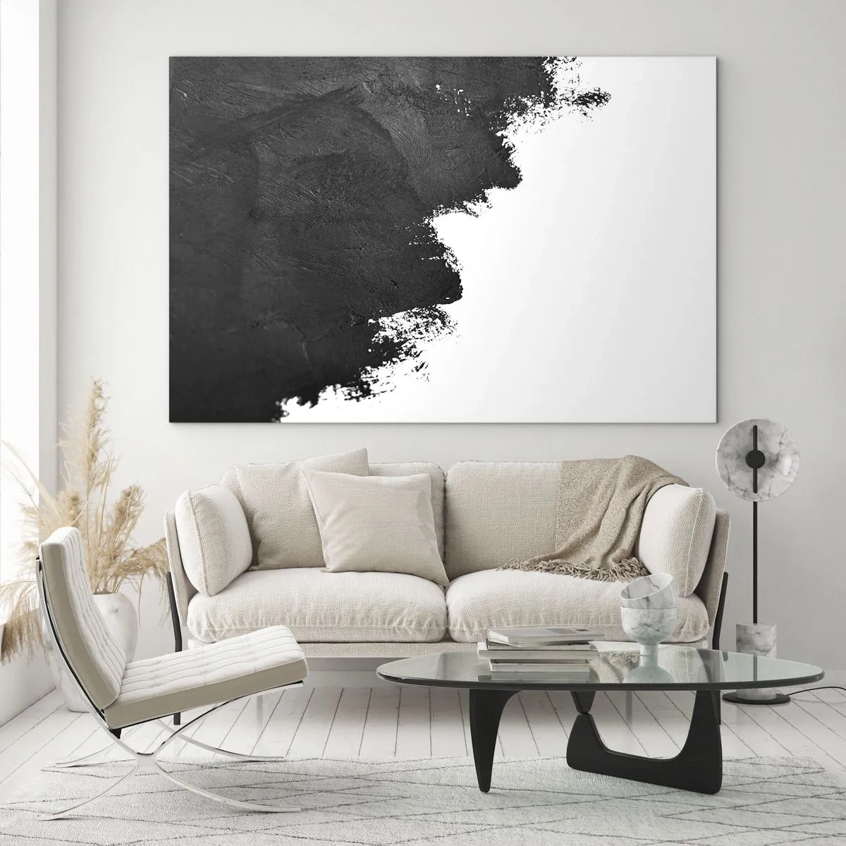 Tablou pe sticlă - Textură de vopsea neagră pe fundal alb, în stil minimalist - 70x50cm - Elemente: pământ - Decorațiune modernă pentru perete pentru living și dormitor ARTTOR