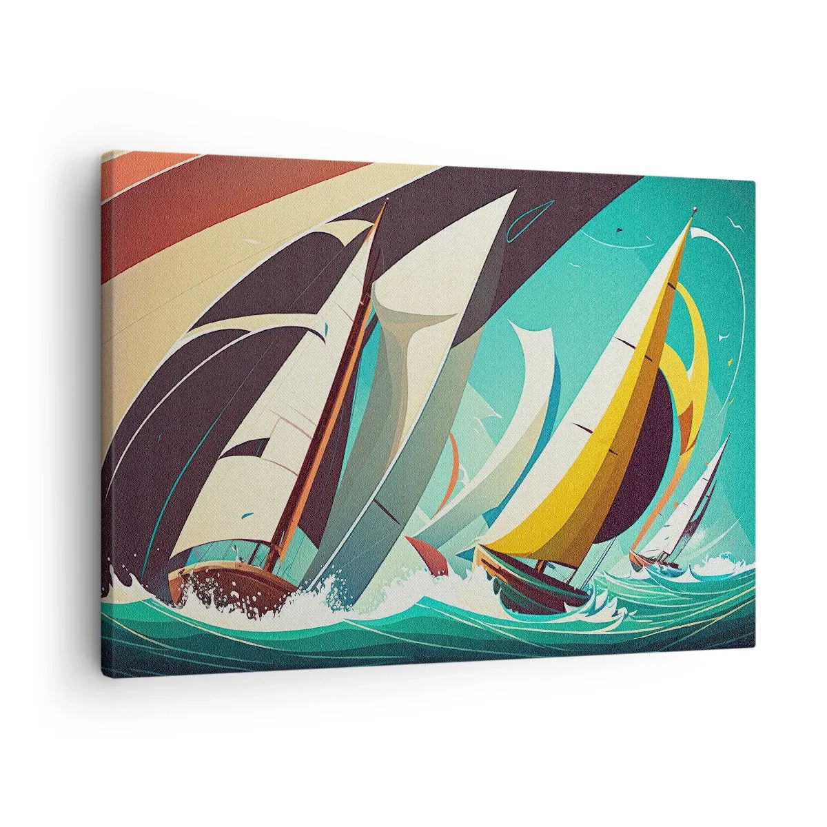 Tablou pe pânză Canvas - O ilustrație dinamică a unor bărci cu pânze pe o mare furtunoasă. - 70x50cm - Voinici și învingători - Decorațiune modernă pentru perete pentru living și dormitor ARTTOR