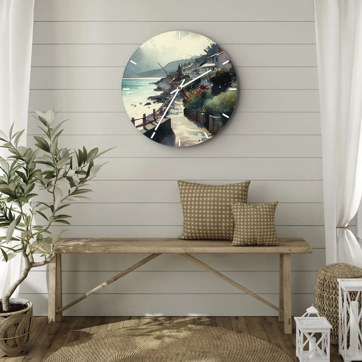 Ceas de perete - Ceas pe sticlă - O potecă de coastă care trece printre clădiri mediteraneene cu vedere la mare - 30x30cm - Orășel mediteraneean - Decorațiune modernă pentru perete pentru living, bucătărie și dormitor ARTTOR