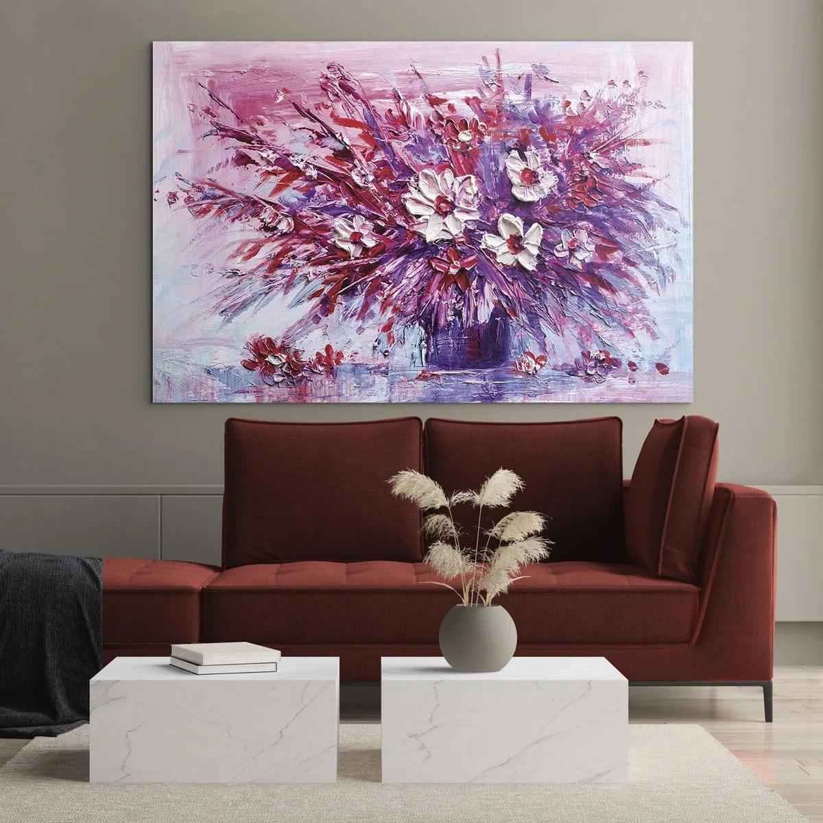 Tablou pe sticlă - Un buchet de flori în nuanțe de roz și violet - 70x50cm - Inocență și pasiune - Decorațiune modernă pentru perete pentru living și dormitor ARTTOR
