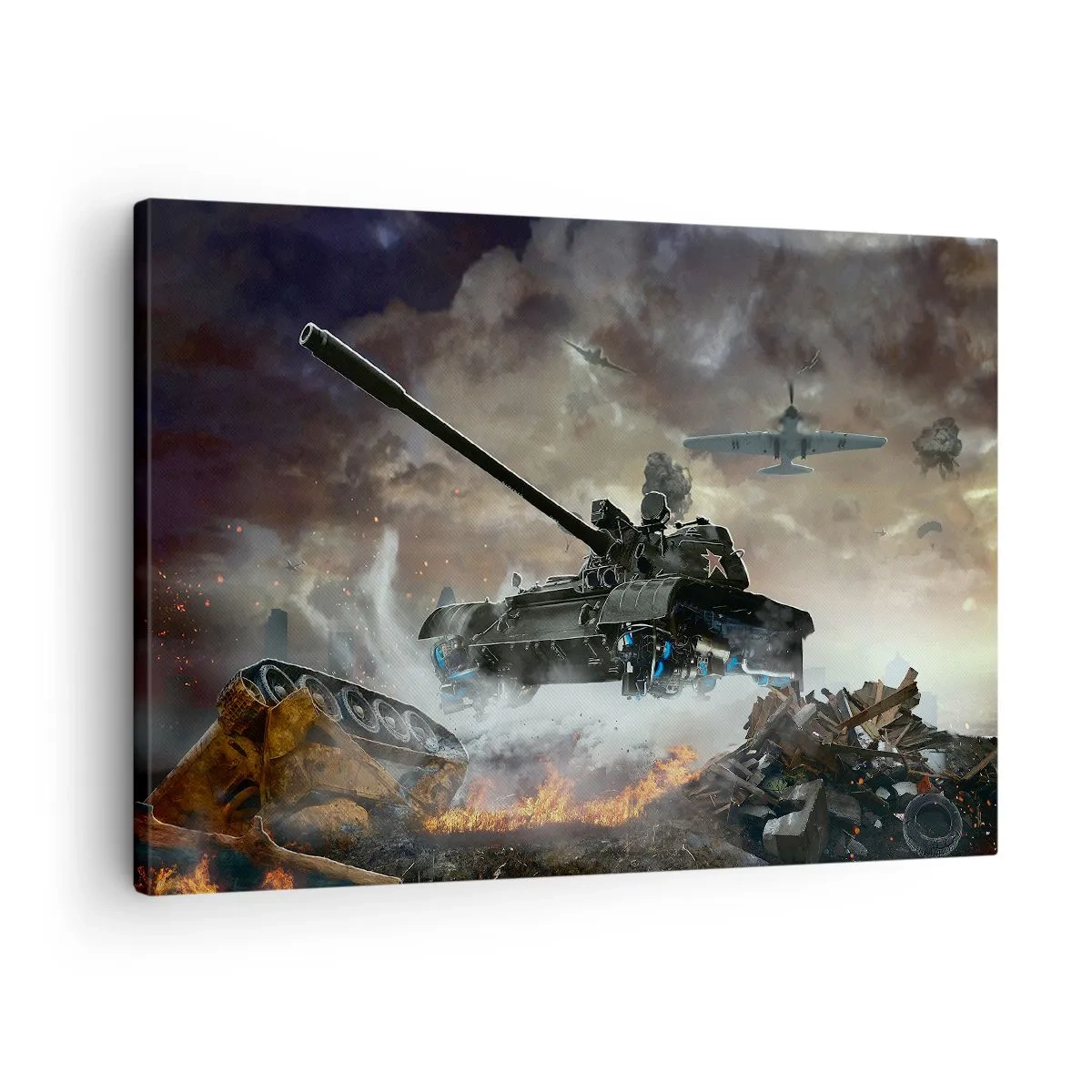 Tablou pe pânză Canvas - Scenă de luptă cu tancuri și avioane în fundal - 70x50cm - Bătălia este teribilă și frumoasă - Decorațiune modernă pentru perete pentru living și dormitor ARTTOR