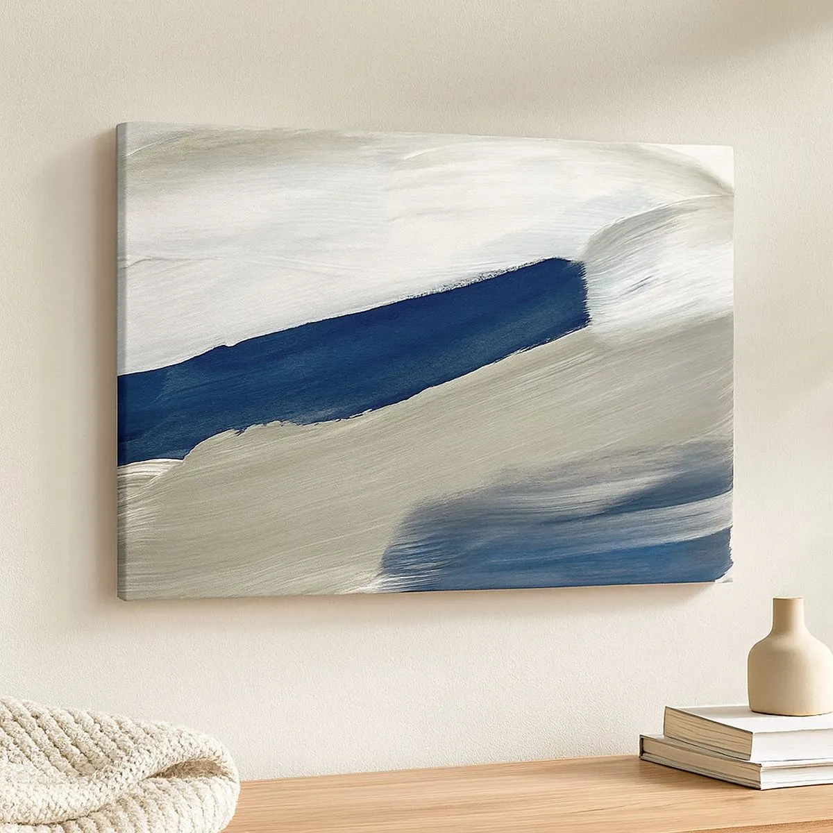 Tablou pe pânză Canvas - Tușe abstracte de pensulă în nuanțe de albastru și gri - 70x50cm - Întâlnire cu albul - Decorațiune modernă pentru perete pentru living și dormitor ARTTOR