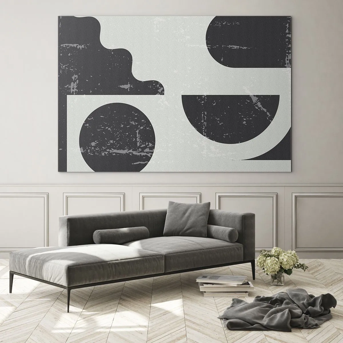 Tablou pe sticlă - Grafică geometrică abstractă cu abraziuni - 70x50cm - Compoziție deasupra și dedesubt - Decorațiune modernă pentru perete pentru living și dormitor ARTTOR