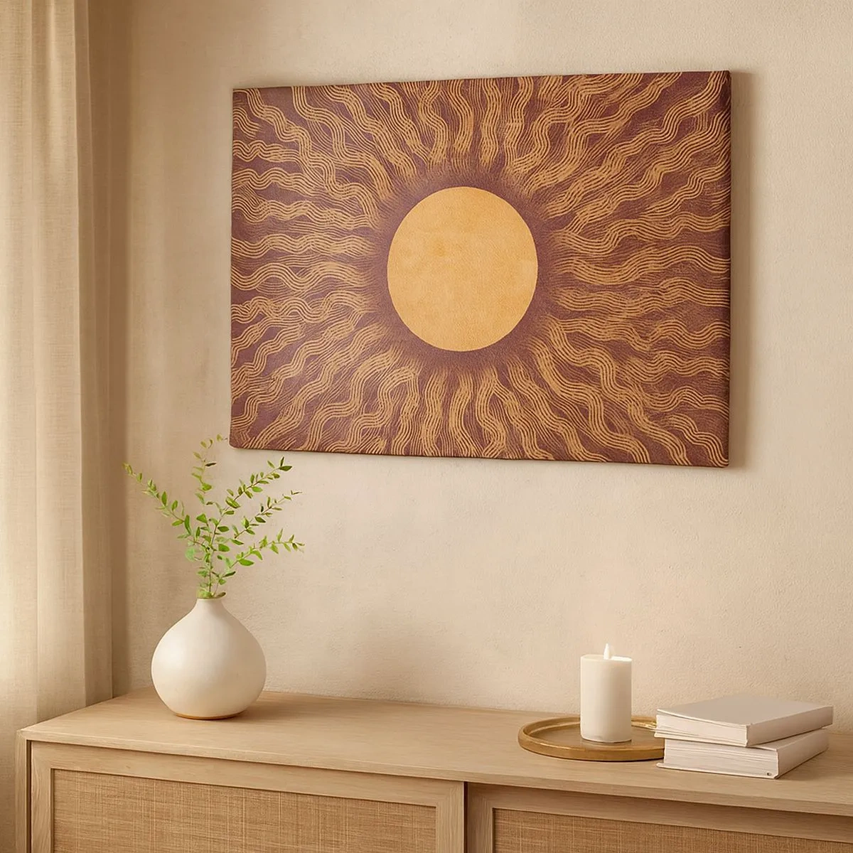 Tablou pe pânză Canvas - Model însorit cu raze pe un fundal în nuanțe de maro - 70x50cm - Icoana soarelui - Decorațiune modernă pentru perete pentru living și dormitor ARTTOR
