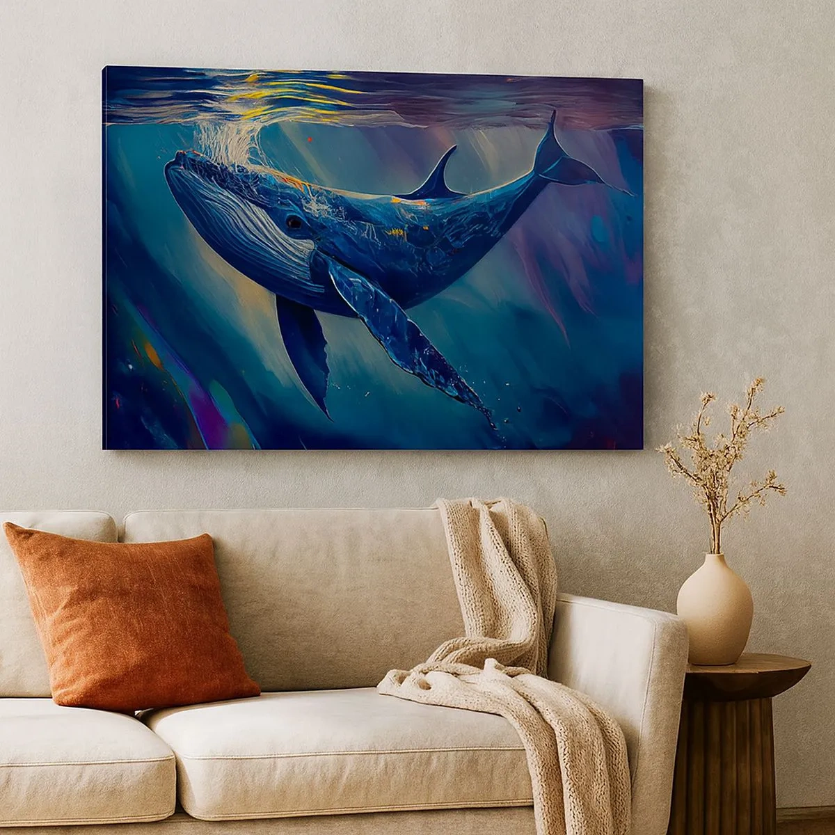Tablou pe pânză Canvas - O balenă în adâncurile oceanului în culori luminoase - 70x50cm - Bun venit în lumea mea - Decorațiune modernă pentru perete pentru living și dormitor ARTTOR