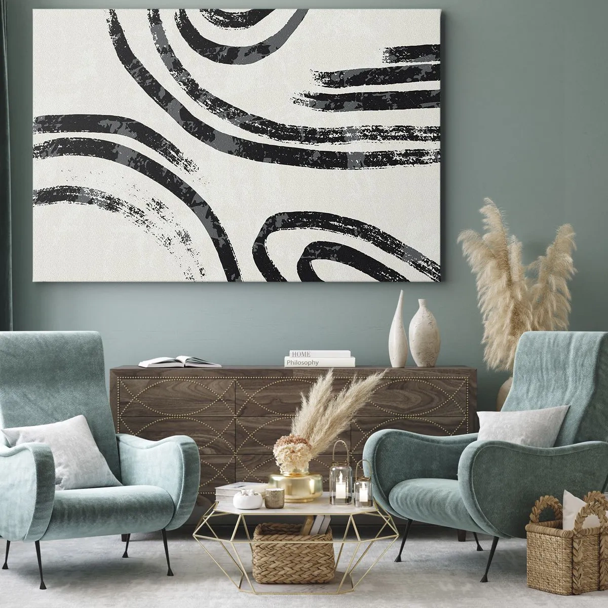 Tablou pe pânză Canvas - Linii abstracte alb-negru pe un fundal deschis - 70x50cm - Pe jumătate oprit - Decorațiune modernă pentru perete pentru living și dormitor ARTTOR