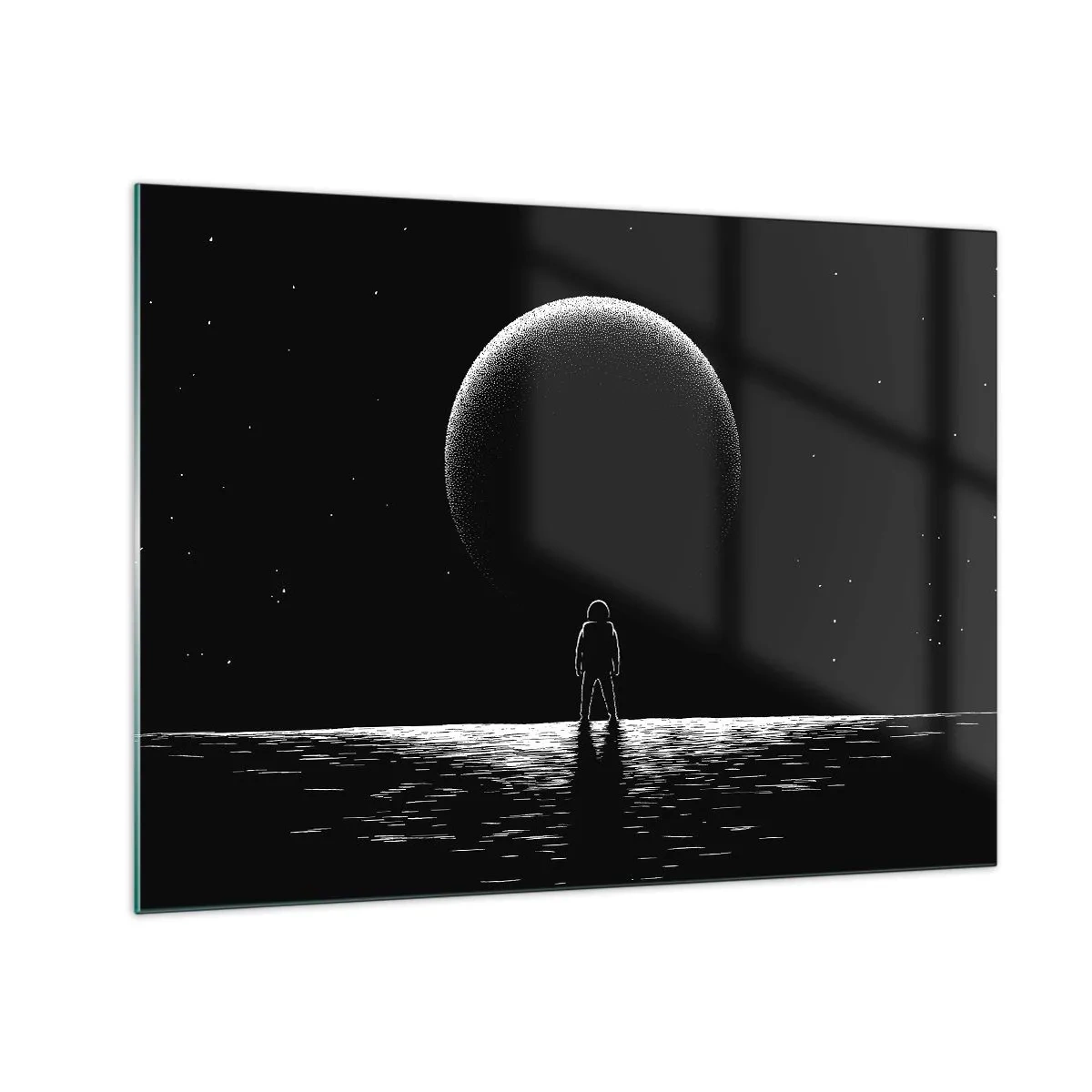 Tablou pe sticlă - Astronautul stă în fața unei planete în alb și negru - 70x50cm - Față în față - Decorațiune modernă pentru perete pentru living și dormitor ARTTOR