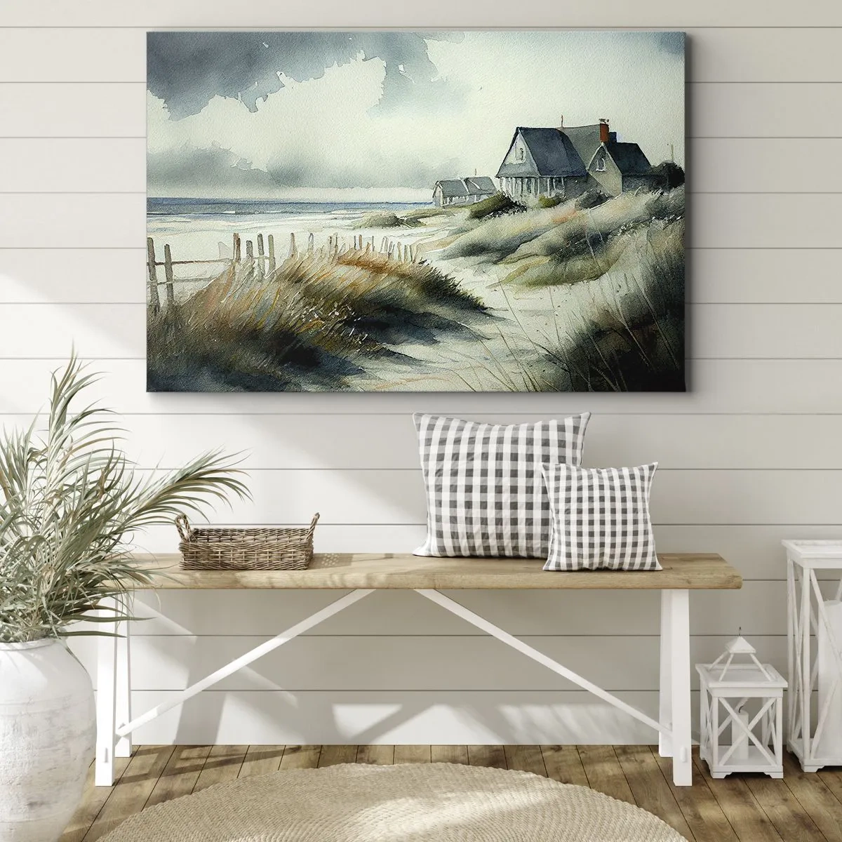Tablou pe pânză Canvas - O casă la malul mării înconjurată de iarbă și cu vedere la mare - 70x50cm - Departe de agitație - Decorațiune modernă pentru perete pentru living și dormitor ARTTOR