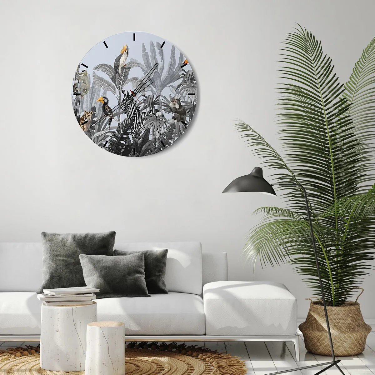 Ceas de perete - Ceas pe sticlă - Plante tropicale cu animale exotice pe fundalul junglei - 30x30cm - O fabulă africană - Decorațiune modernă pentru perete pentru living, bucătărie și dormitor ARTTOR