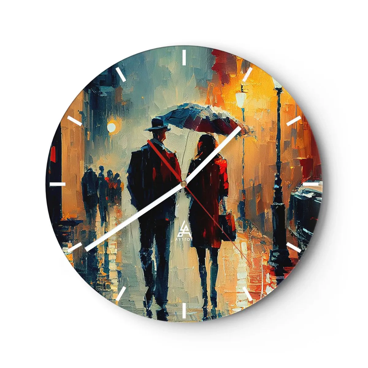 Ceas de perete - Ceas pe sticlă - Un cuplu sub o umbrelă într-un cadru urban pictat cu un cuțit de paletă - 30x30cm - Poveste de dragoste urbană - Decorațiune modernă pentru perete pentru living, bucătărie și dormitor ARTTOR