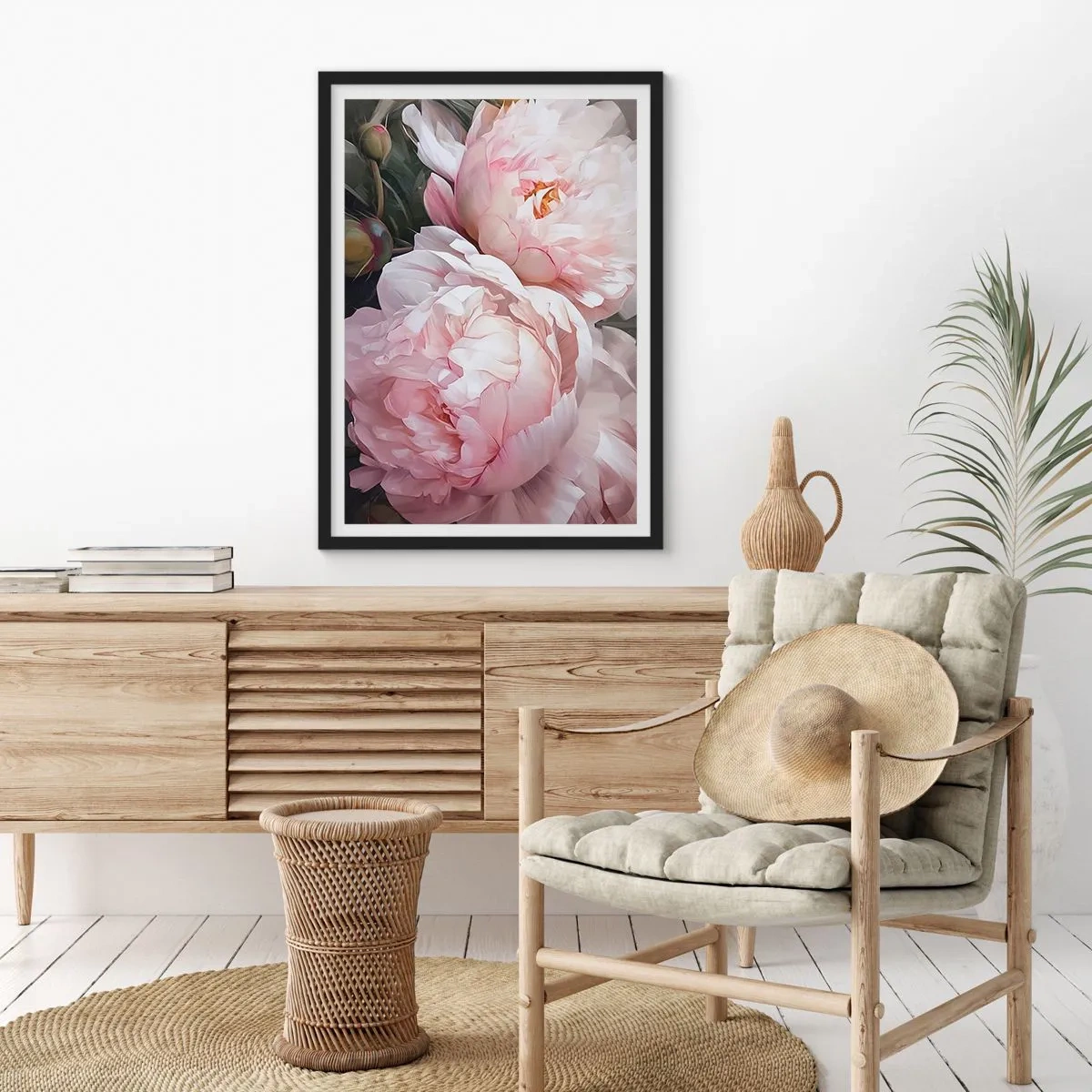 Poster în ramă neagră - Bujori delicați în nuanțe pastelate de roz și alb - 50x70cm - Oprit din înflorire - Decorațiune modernă pentru perete pentru living și dormitor ARTTOR