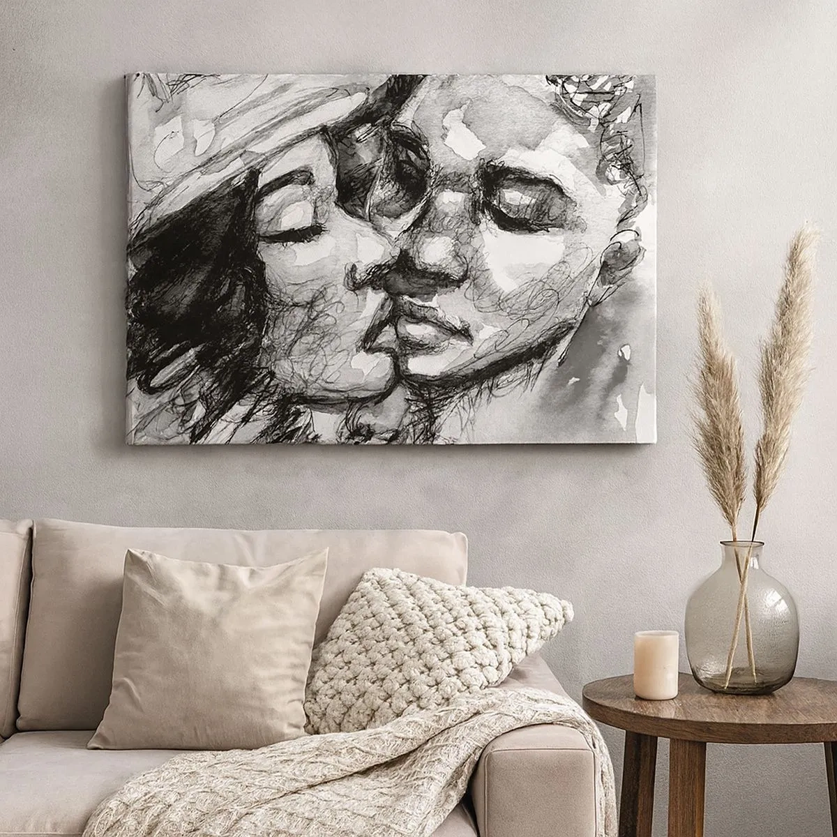 Tablou pe pânză Canvas - O acuarelă alb-negru care înfățișează un moment intim între două persoane. - 70x50cm - Un moment de tandrețe - Decorațiune modernă pentru perete pentru living și dormitor ARTTOR