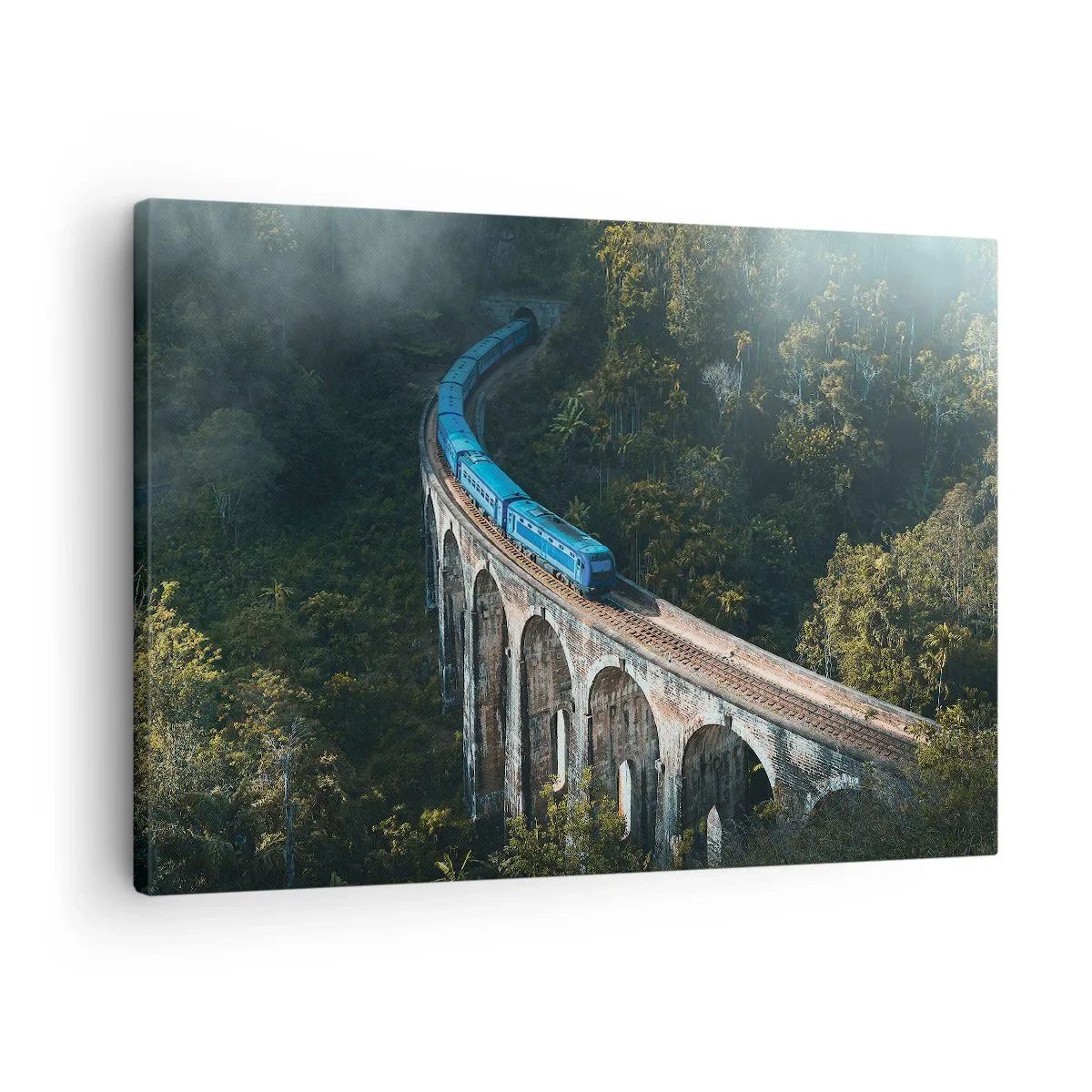 Tablou pe pânză Canvas - Un tren albastru pe un viaduct istoric printre păduri - 70x50cm - Cu trenul spre natură - Decorațiune modernă pentru perete pentru living și dormitor ARTTOR