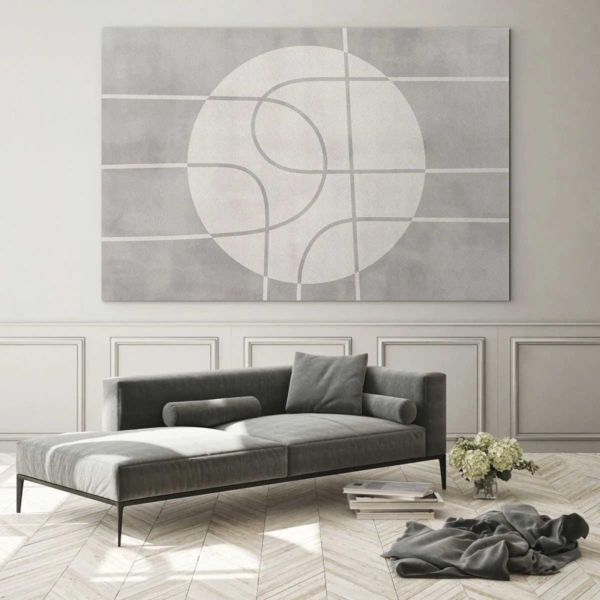 Tablou pe sticlă - Linii și cercuri bej care creează o compoziție geometrică - 70x50cm - Circular și drept înainte - Decorațiune modernă pentru perete pentru living și dormitor ARTTOR