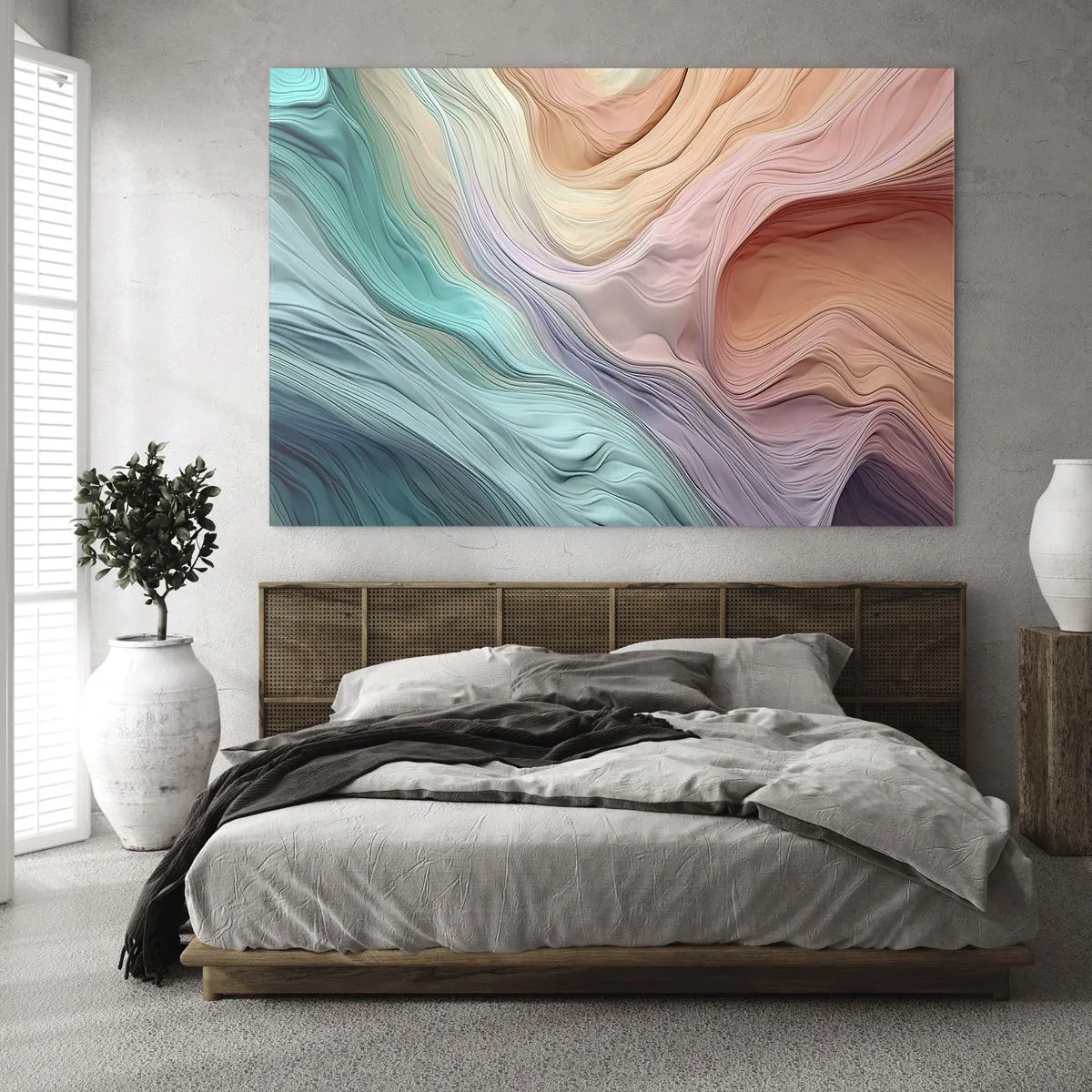 Tablou pe sticlă - O abstracție colorată care seamănă cu valuri și pietre - 70x50cm - Valul curcubeu - Decorațiune modernă pentru perete pentru living și dormitor ARTTOR