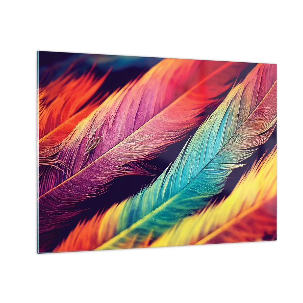Tablou pe sticlă - Pene colorate în nuanțe intense de curcubeu - 70x50cm - Curcubeu cu pene - Decorațiune modernă pentru perete pentru living și dormitor ARTTOR