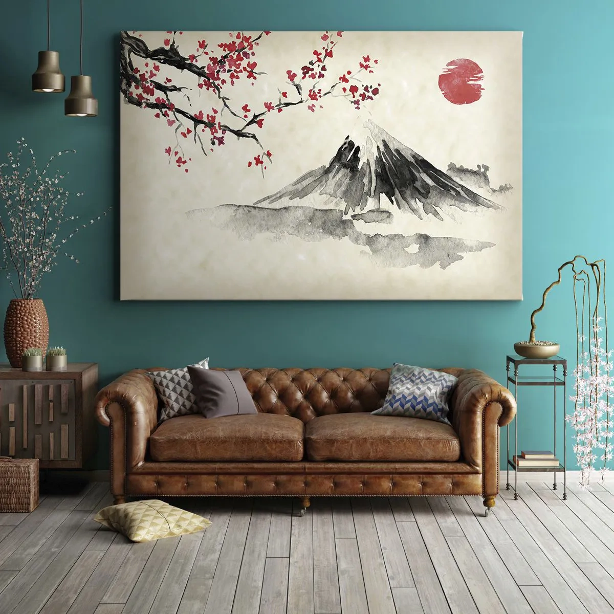 Tablou pe pânză Canvas - Un peisaj pitoresc cu un munte, flori de cireș și soare - 70x50cm - Îndrăgostește-te de Japonia - Decorațiune modernă pentru perete pentru living și dormitor ARTTOR
