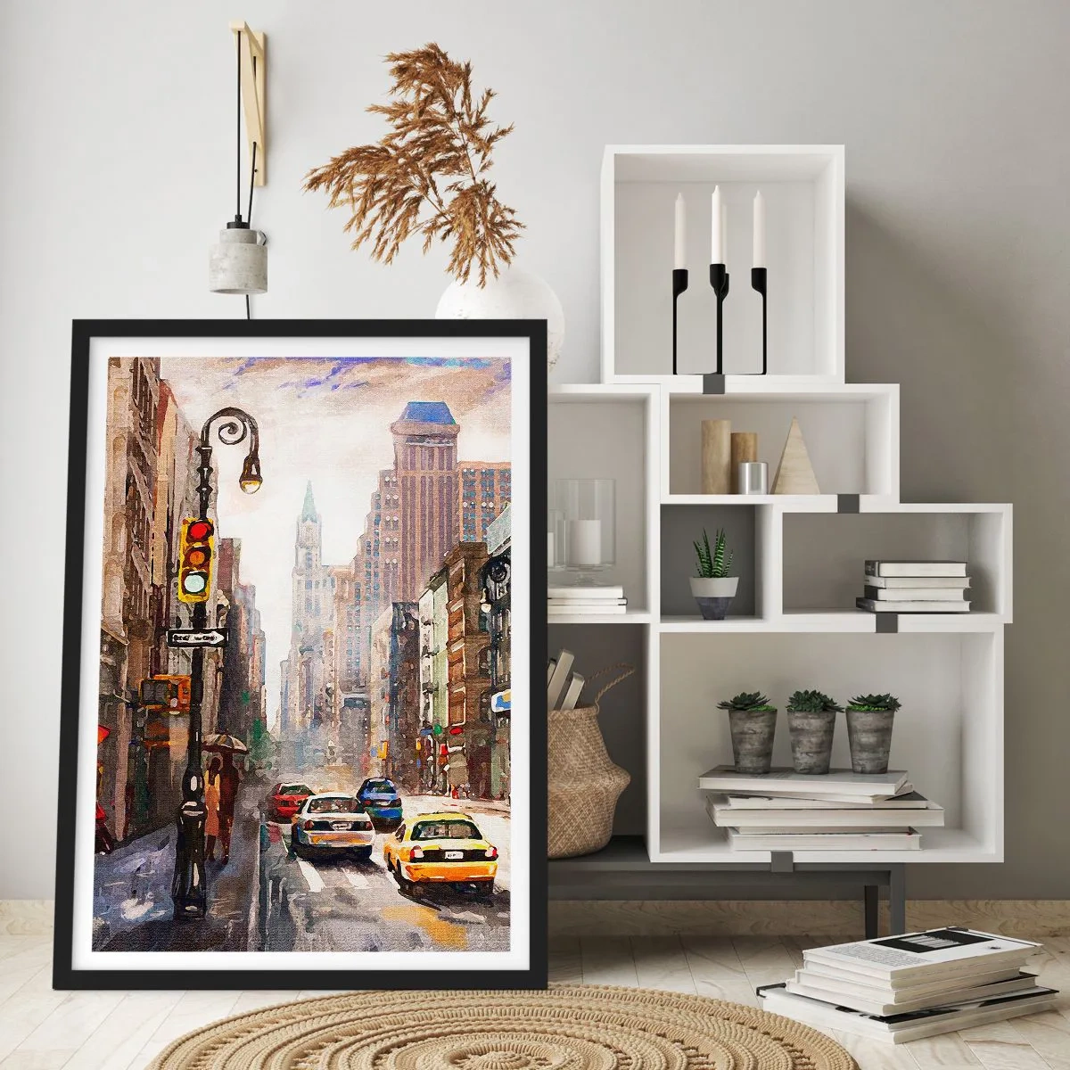 Poster în ramă neagră - Stradă de oraș cu mașini și semafoare - 50x70cm - New York - plin de culoare și în ploaie - Decorațiune modernă pentru perete pentru living și dormitor ARTTOR