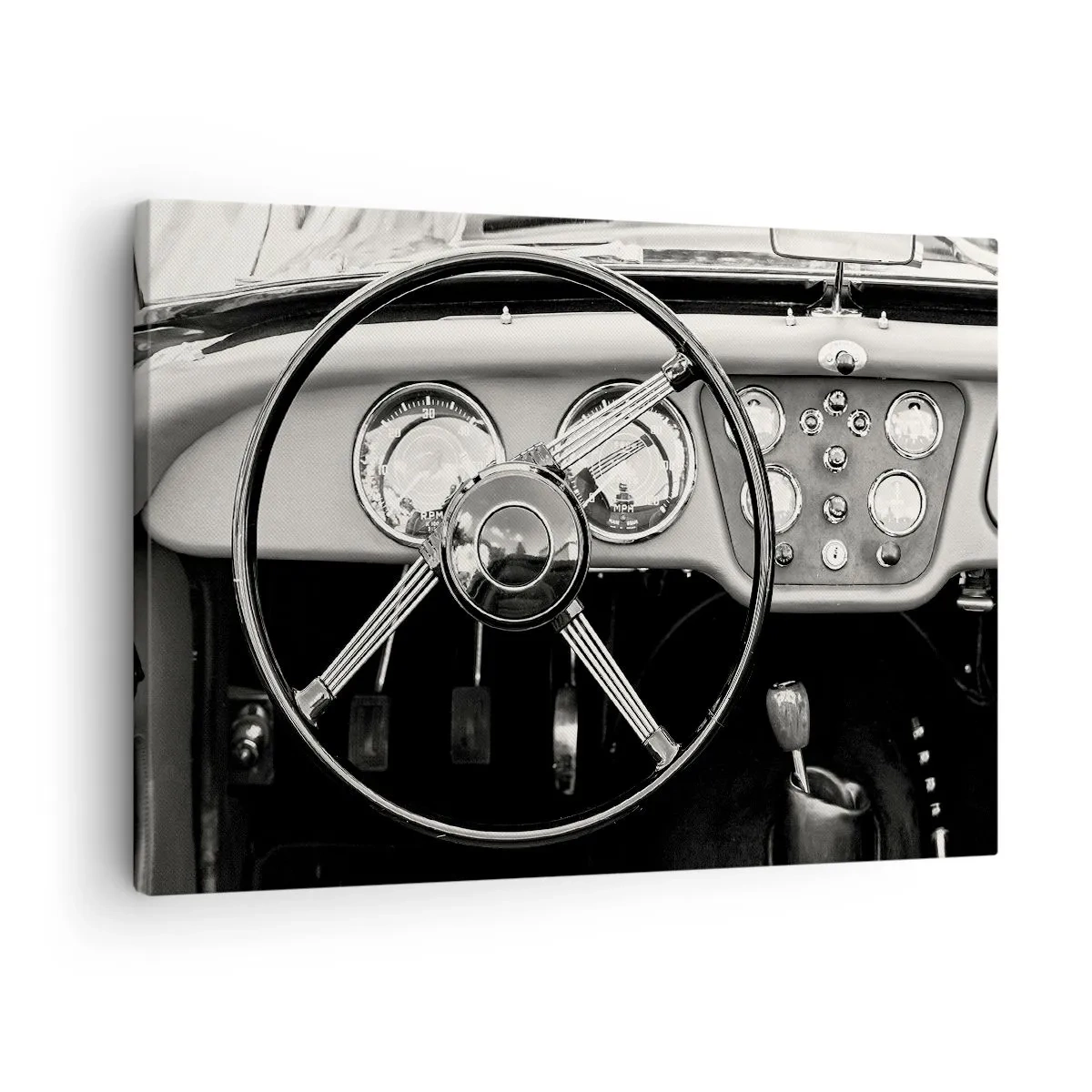 Tablou pe pânză Canvas - Interiorul mașinii clasice alb-negru - 70x50cm - Visul unui colecționar - Decorațiune modernă pentru perete pentru living și dormitor ARTTOR